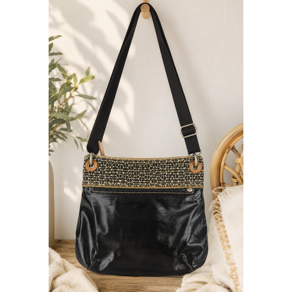 Fossil Key-Per Crossbody Bag Black Coated‎ Canvas Geometric Print Messenger